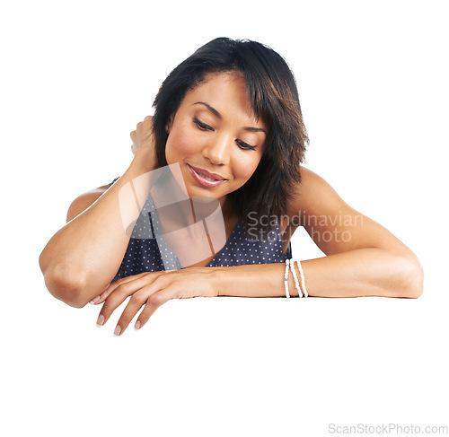 Image of Sign, poster and black woman with banner space, billboard or mockup for advertising brand or logo. Female with business announcement, product placement or signage for white background branding