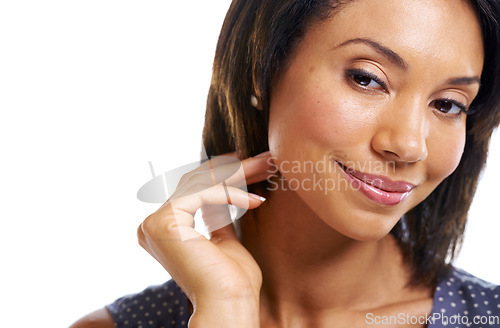 Image of Happy black woman, face or touching brunette hairstyle on isolated white background in keratin treatment or dye color. Zoom, smile or facial expression on hair beauty model, makeup cosmetic or mockup