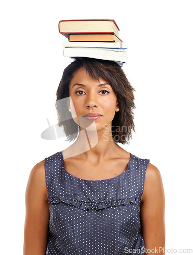 Image of Portrait, education or black woman with books or balance in studio with marketing mockup space. Headshot, student or African school girl in university or college for study learning or future goals