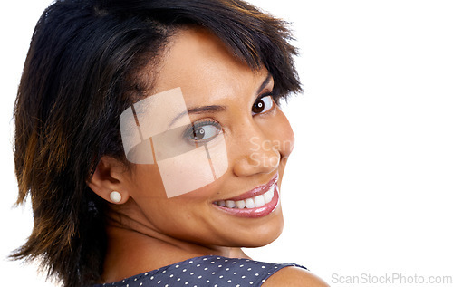 Image of Face portrait, beauty and skincare of woman in studio isolated on a white background. Makeup, cosmetics or happy female model satisfied with spa facial treatment for healthy, glowing or flawless skin