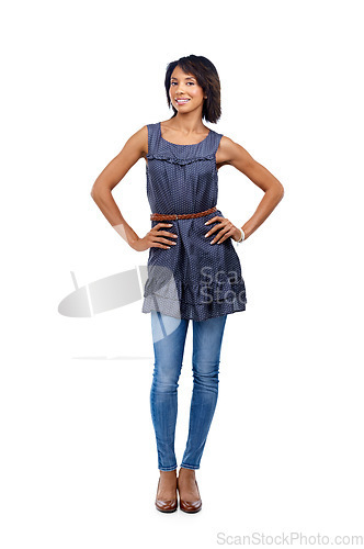 Image of Black woman, fashion clothes or isolated portrait by white background on trendy, cool or stylish brand mock up. Smile, happy or model advertising clothing and hands on hips on product placement space