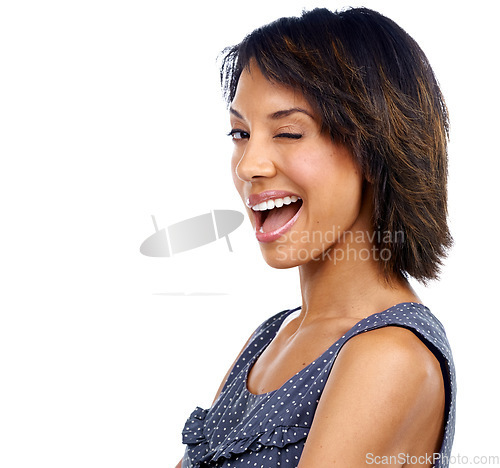 Image of Black woman, portrait or wink on isolated white background for fashion clothes deal, promotion or marketing sales. Zoom, playful face or model facial expression, emoji or ideas on advertising space