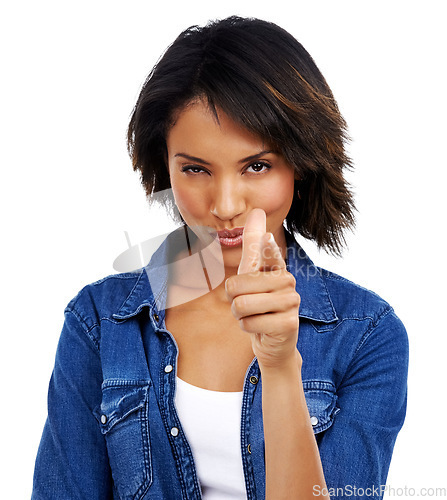 Image of Pointing finger, choose and portrait of black woman with a decision, pride and confidence on white background in studio. Content, excited and model with hand gesture, positivity and empowerment