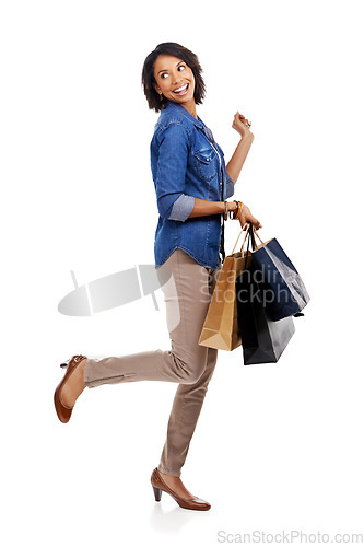 Image of Fashion, shopping or excited black woman in studio on white background with marketing mockup space. Celebration, sales or happy girl customer with shopping bags on discount deals or promotional offer