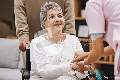 Image of Disability, healthcare and nursing home with a senior woman patient in a wheelchair while talking to a nurse. Support, trust and medical with a mature female and medicine professional in a clinic