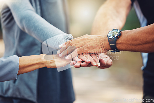 Image of Hands, group and fitness target for wellness, health and results in nature. Teamwork with hand, friends connect and partnership for deal, goal and success together, celebration and sport achievement.