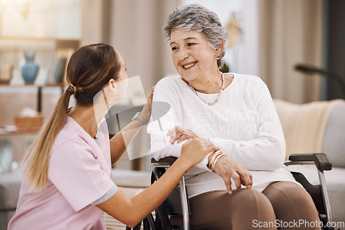 Image of Wheelchair disability, rehabilitation and nurse volunteer at nursing home for charity work. Healthcare, support and caregiver with senior women for medical help, elderly care and consulting patient