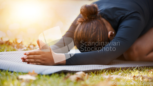 Image of Yoga, prayer hands and woman stretching at park for health, wellness and flexibility. Zen chakra, pilates pose and female training, meditation and exercise, mindfulness and workout outdoors in nature