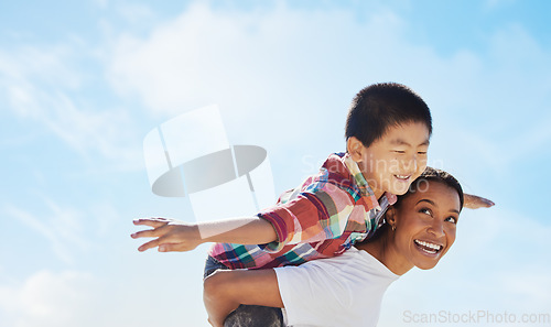 Image of Mom, piggyback airplane and child by sky with smile, family bonding or outdoor vacation in summer. Happy family, interracial and black woman back for asian adoption, love or game on holiday adventure