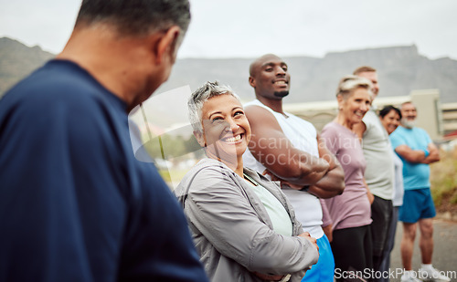 Image of Happy, fitness or senior friends start running exercise, cardio workout or sports training outdoors. Team building, funny runners or healthy mature people with body goals talking, bonding or laughing