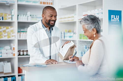 Image of Healthcare, pharmacist and woman at counter with medicine or prescription drugs sales at drug store. Health, wellness and medical insurance, black man and customer at pharmacy for advice and pills.