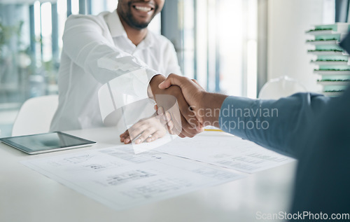 Image of Black man, shaking hands and architecture with architect hiring, interview and onboarding, office and blueprint plan. Human resources, recruitment and partnership with deal, contract and thank you