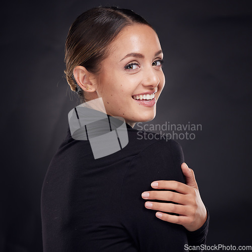 Image of Skincare, portrait or woman in studio with a happy smile after facial grooming routine isolated on black background. Beauty glow, face or girl model smiling with marketing or advertising mockup space