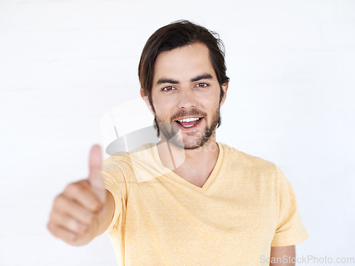 Image of Thumbs up, portrait and man in studio, white background or isolated review. Happy male model, thumb up and support of yes agreement, celebration and like emoji for vote of trust, thank you or success