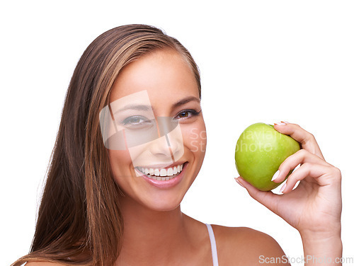 Image of Wellness, apple and portrait of woman on a white background for healthy lifestyle, cosmetics and wellbeing. Diet, digestion and face of girl with fruit for organic products, vitamins and nutrition