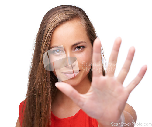 Image of Stop, wait and hand with portrait of woman for warning, rejection and forbidden gesture. Danger, push and block with isolated open palm sign and face of girl for no entry, halt and restrict in studio