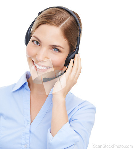 Image of Call center, customer service and face portrait of woman in studio isolated on white background mock up. Crm, contact us and happy female telemarketing worker, consultant or sales agent from Canada.