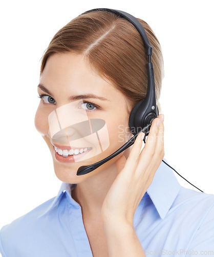 Image of Call center, face and woman on a white background for telemarketing, contact us or telecom consulting. Happy woman consultant, customer support worker or callcenter employee smile in studio portrait