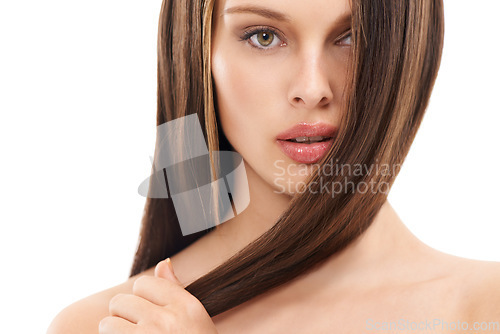 Image of Beauty, hair and face with woman in hair care portrait, cosmetic care and keratin treatment against white background. Hairstyle, Brazilian and natural cosmetics with shine and wellness skincare glow