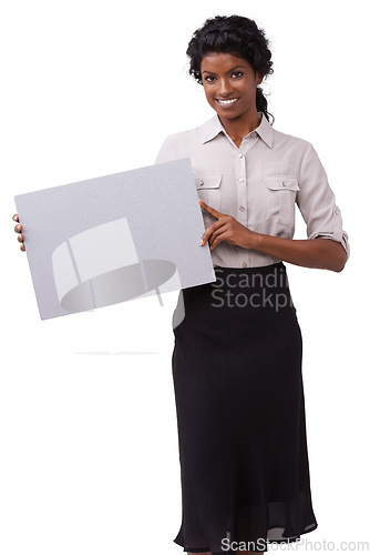 Image of Portrait, poster and mockup with a woman in studio on a white background for marketing or advertising on blank cardboard. Paper, billboard and branding with a female employee holding mock up space