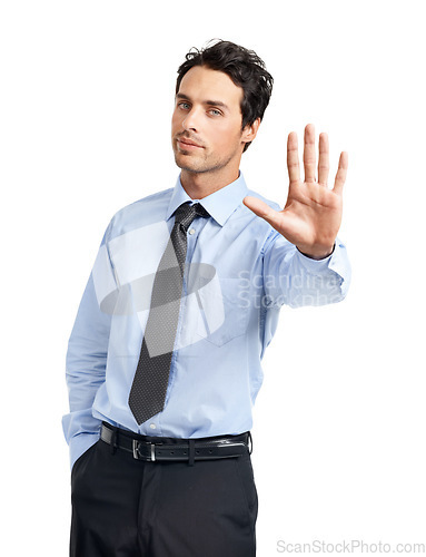 Image of Businessman, portrait or stop hand gesture on studio background in finance fraud, money laundering or bribe. Financial worker, employee or refuse hand gesture to insurance investment or strategy deal