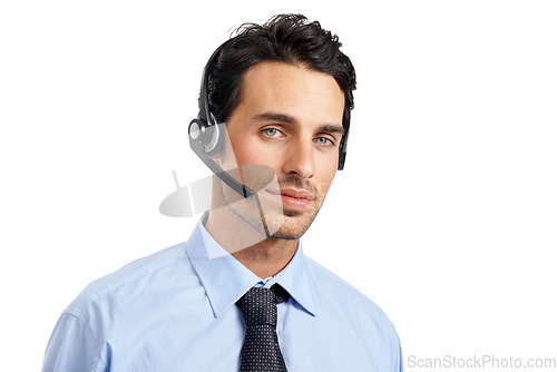 Image of Call center employee, man and face in portrait, contact us with CRM and customer service and telemarketing. Phone call, male agent and customer care, tech support and headset against white background