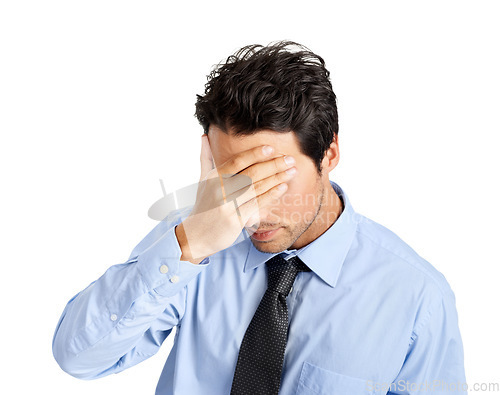 Image of Businessman, stress and hand covering face on studio background in finance fraud or money laundering mistake. Worker anxiety, frustrated and employee with mental health burnout in company stock loss