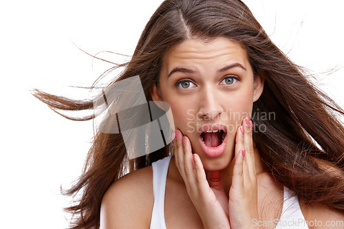 Image of Woman, face portrait and wow for surprise sale, discount or promotion for shocked or surprised emoji. Female beauty model isolated on a white background for reaction on fake news announcement