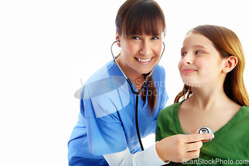 Image of Woman, stethoscope and child consulting nurse in studio isolated on a white background mockup. Face portrait, healthcare and cardiologist or happy female pediatrician checking heart health of girl.