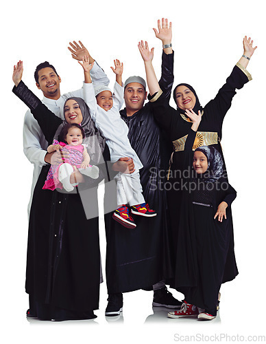 Image of Muslim family, portrait and celebrate eid with women, men and children together for Islam religion. Hands of Arab parents and kids together for culture, love and peace isolated on a white background
