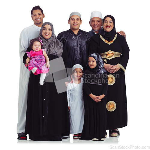 Image of Muslim family, portrait and together for eid to celebrate Islam religion, love and peace in studio. Arab parents, grandparents and kids together for support in ramadan isolated on a white background