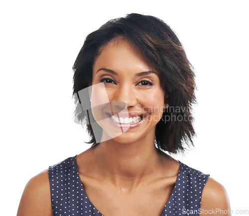 Image of Beauty, smile and portrait of black woman on a white background for cosmetics and healthy skin. Natural lifestyle, happiness and face headshot of girl with big smile, confidence and carefree