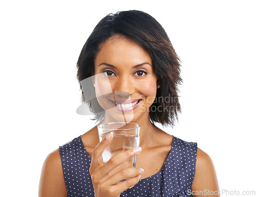 Image of Portrait, health or black woman drinking water in studio on white background with marketing mockup space. Happy, face or healthy girl drinks natural liquid or glass beverage for hydration or wellness