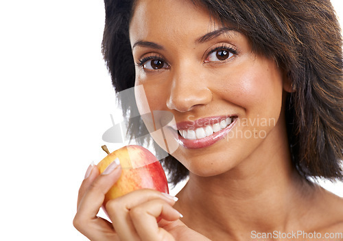 Image of Portrait, fruit or happy black woman eating an apple in studio on white background with marketing mockup space. Smile, face or African girl advertising healthy food or diet for nutrition for wellness