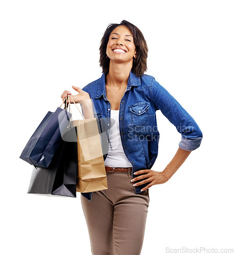 Image of Fashion, shopping or black woman laughing in studio on white background with marketing mockup space. Funny smile, sale or happy girl customer with shopping bags on discount deals or promotional offer