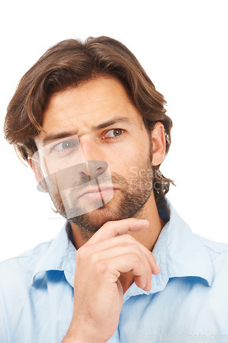 Image of Business, thinking and face of man in studio isolated on a white background. Pensive, planning and male entrepreneur, ceo or boss focus, lost in thoughts and contemplating sales or advertising ideas.