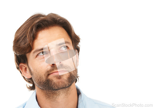 Image of Thinking, idea and face of businessman on a white background for brainstorming, planning and strategy. Creative leader, inspiration and male entrepreneur for vision, thoughtful and goals in studio