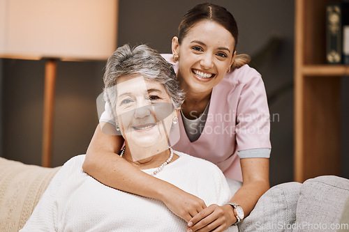 Image of Support, portrait and nurse with a senior woman on a sofa in the living room of a nursing home. Healthcare, wellness and caregiver embracing an elderly female pensioner at retirement house or clinic.