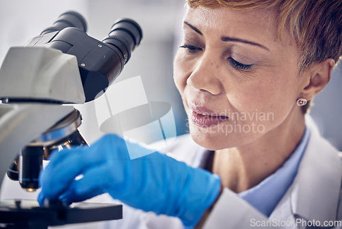 Image of Science, laboratory and black woman with microscope, research for vaccine development. Healthcare, medical innovation and senior scientist woman in hospital lab looking at pharmaceutical test results