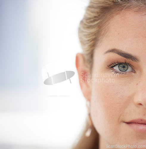 Image of Portrait, half face and woman with mockup space for vision, ideas or plans for a business. Cosmetic, makeup and natural face of a beautiful professional lady with a blurred background with copy space