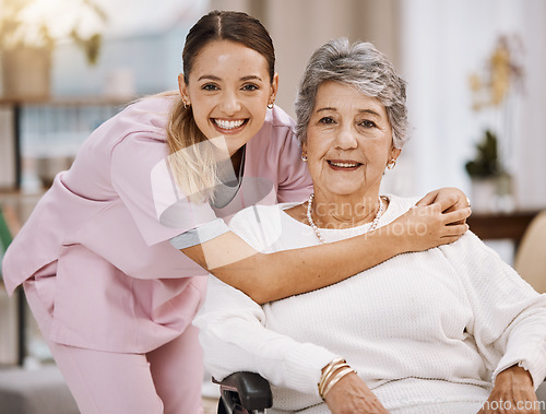 Image of Women portrait, senior or wheelchair support in nursing home, house living room or wellness rehabilitation clinic. Smile, happy or healthcare nurse with retirement elderly in disability mobility aid