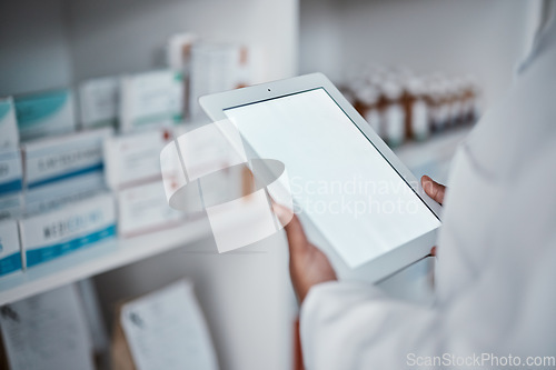 Image of Pharmacy, doctor and tablet screen mockup for medicine checklist for medical healthcare, wellness store inventory and pharmacist dispensary. Clinic, employee hands and checking stock on digital tech