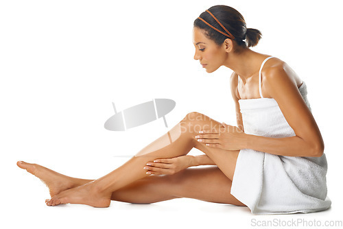 Image of Legs, skincare and beauty woman in studio for self care, body wellness and cosmetics marketing mockup. Aesthetic, dermatology and sexy woman or pedicure model with hair removal advertising on mock up