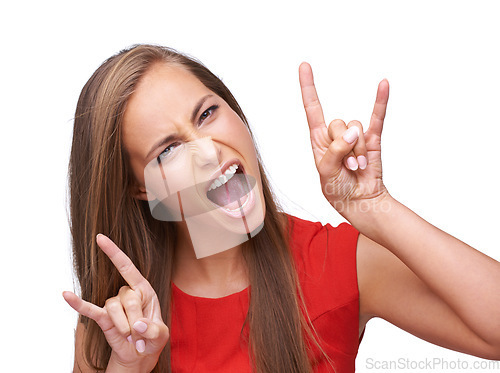 Image of Rock and roll, hands and portrait of woman on a white background for freedom, energy and heavy metal music. Comic, emoji and face of girl isolated in studio for rock hand gesture, punk and attitude