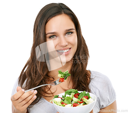 Image of Health, nutrition and salad portrait of woman for wellness diet with cheerful and happy smile. Beautiful dieting model excited for healthy food lifestyle on isolated white background.