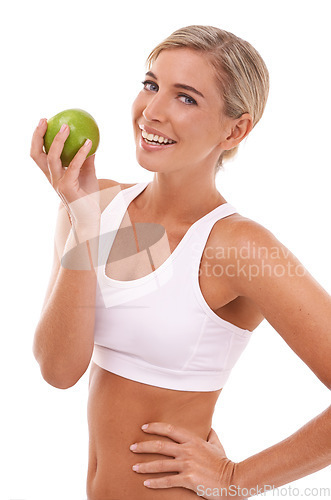 Image of Apple, health nutrition or portrait of woman with fruit product to lose weight, diet or body detox for wellness lifestyle. Healthcare model, nutritionist food or vegan girl on white background studio