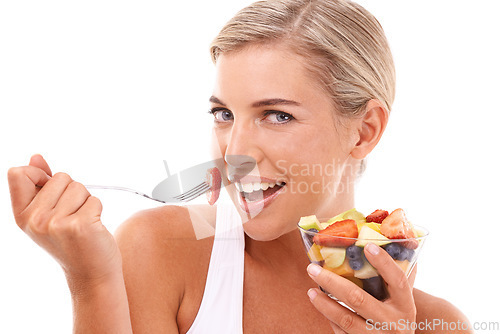 Image of Diet, fruit and portrait of woman with salad, eating healthy and happy isolated on white background. Health, fruit salad and nutrition, beautiful happy woman with fruit and nutritional food in studio