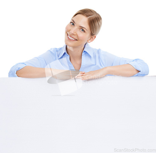 Image of News, announcement and portrait of businesswoman with poster, mockup and product placement isolated on white background. Advertising, future marketing and happy woman with blank sign board and smile.