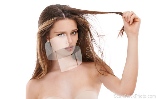 Image of Portrait, hair and fail with a model woman in studio on a white background holding split ends in frustration. Face, haircare and unhappy with a young female feeling negative about her hairstyle