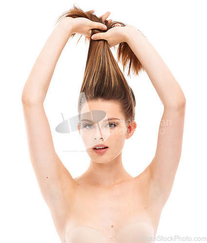 Image of Health, hair care and portrait of woman in studio doing natural, long and straight hair style. Wellness, self care and female model with keratin, brazilian or botox hair treatment by white background